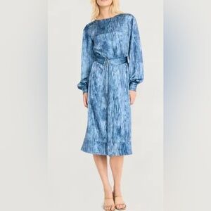 Luxely Abstract Print Long Sleeve Satin Midi Dress - Size 8